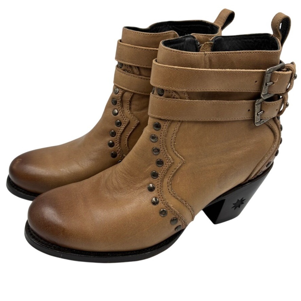 Black Star Hereford Western Ankle Boots Tan Leather Studded Buckle Heel Size‎ 9B